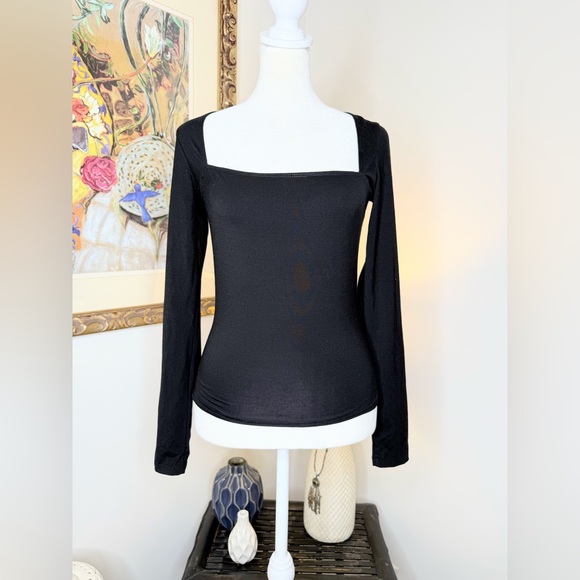 Reformation Tops - NWT Reformation Black Square Neck Long Sleeve Top Size M Stretch Tencel Lyocell